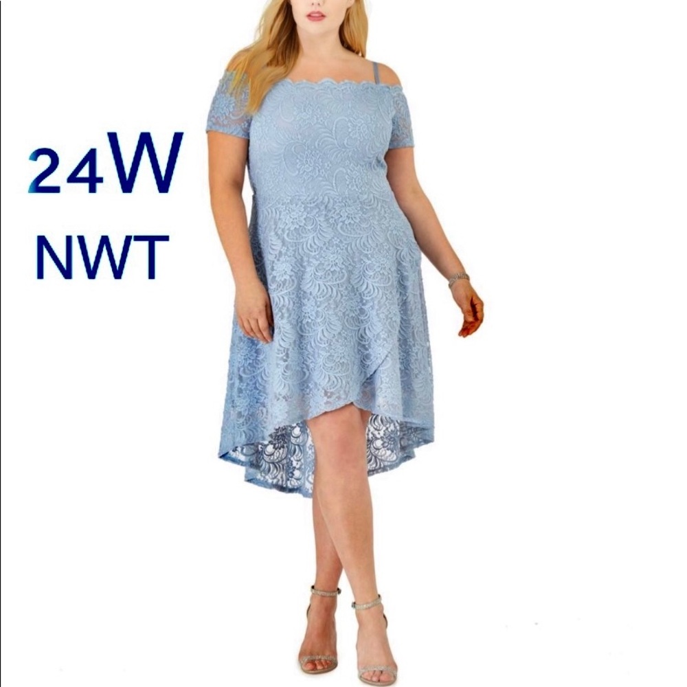NWT (24W) dusty blue embroidered jacquard scallop off shoulder midi party prom